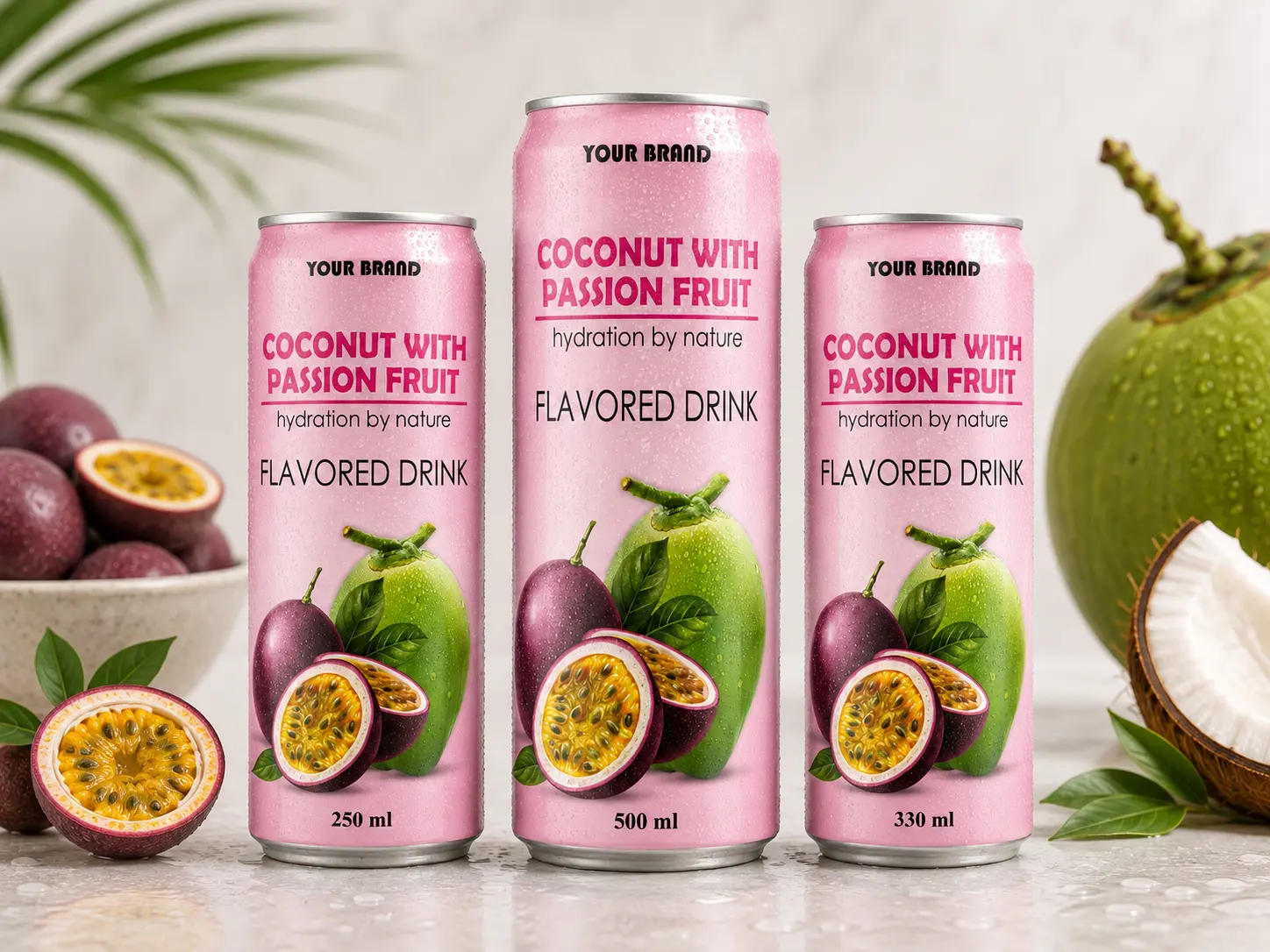 COCONUT FLAVORED DRINK passion fruit flavour shown in 250ml, 500ml, and 330ml cans.